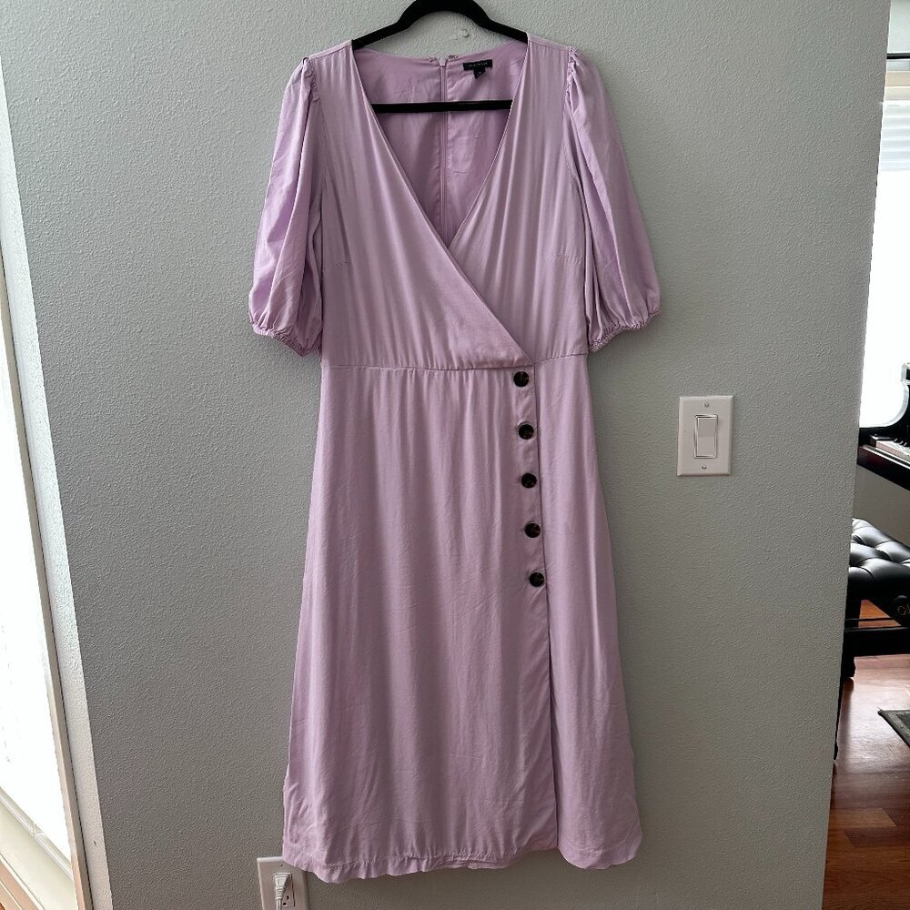 Ann Taylor Button Trim Lavender Midi Dress Women's 12 Puffed Sleeves Wrap Style